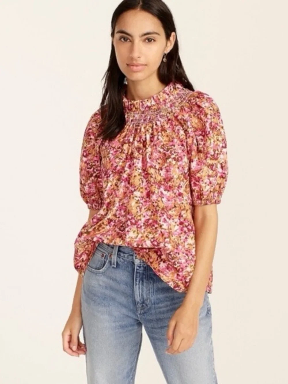 J. CREW Smocked neck puff-sleeve top in faded floral Sz S